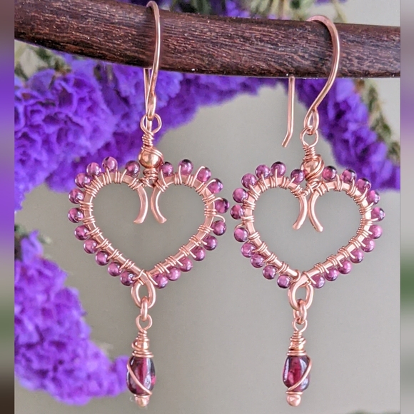 Garnet Heart Earrings Artisan Crafted Copper Design Dangle Drop - Picture 11 of 16